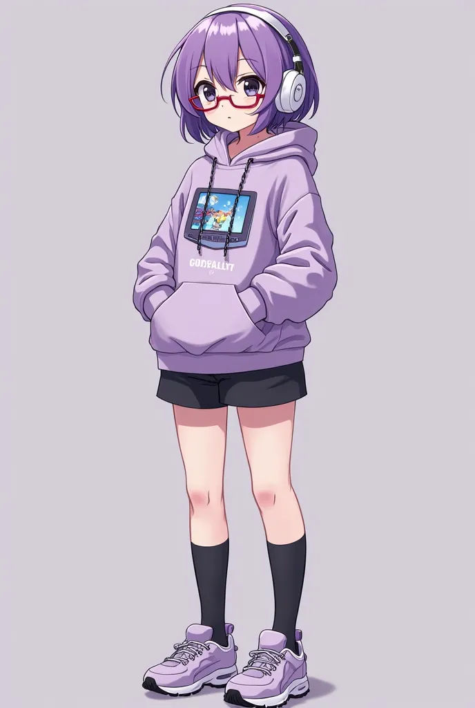  A Girl, short purple hair,black eyes,freckles,wearing glasses,wearing a lilac sweatshirt with a video game cartoon, wearing black shorts,black socks,A lilac sneaker, white headphones ,full body anime version 