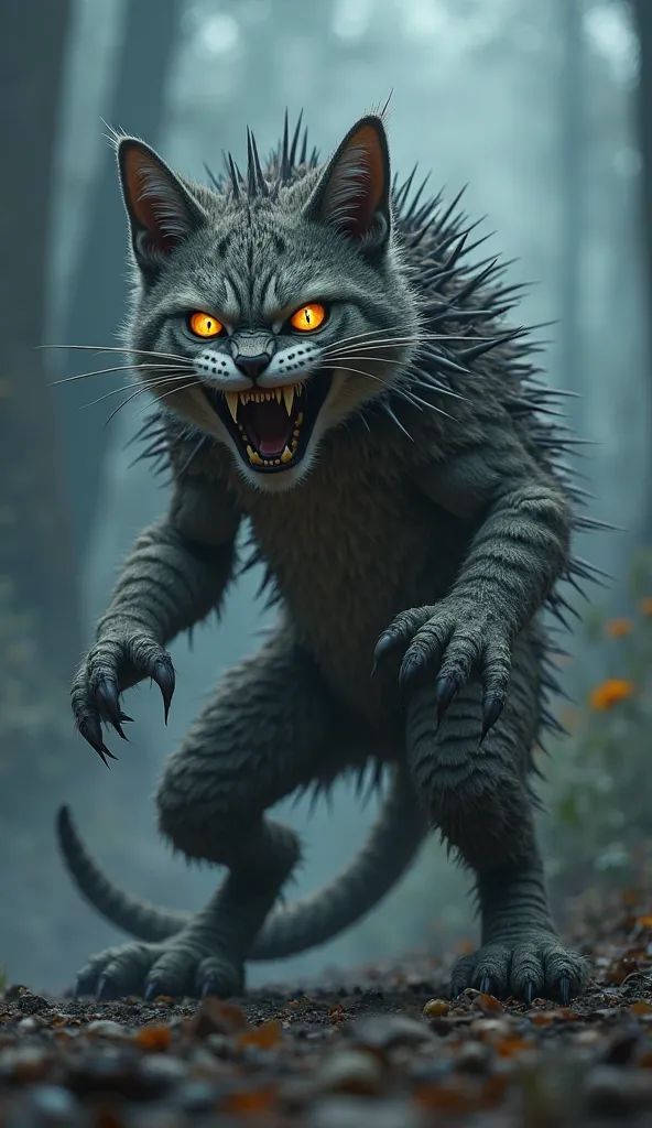 A monstrous hybrid creature, a fusion between a cat and a hedgehog, standing aggressively in a dark, eerie environment. Its feline body is covered in sharp, spiky quills, especially along its back and tail. Its glowing eyes radiate pure rage, and its mouth...