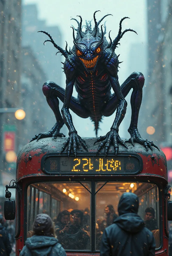 An eerie creature is perched on top of a city bus, its body like nothing anyone has ever seen before. Its skin is an odd combination of smooth, slick black and deep purple scales that shimmer like oil on water. Long, sinewy legs with sharp, clawed feet cur...