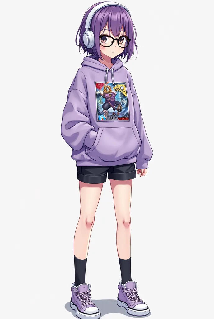  A Girl, short purple hair,black eyes,freckles,wearing glasses,wearing a lilac sweatshirt with a video game cartoon, wearing black shorts,black socks,A lilac sneaker, white headphones ,full body anime version 