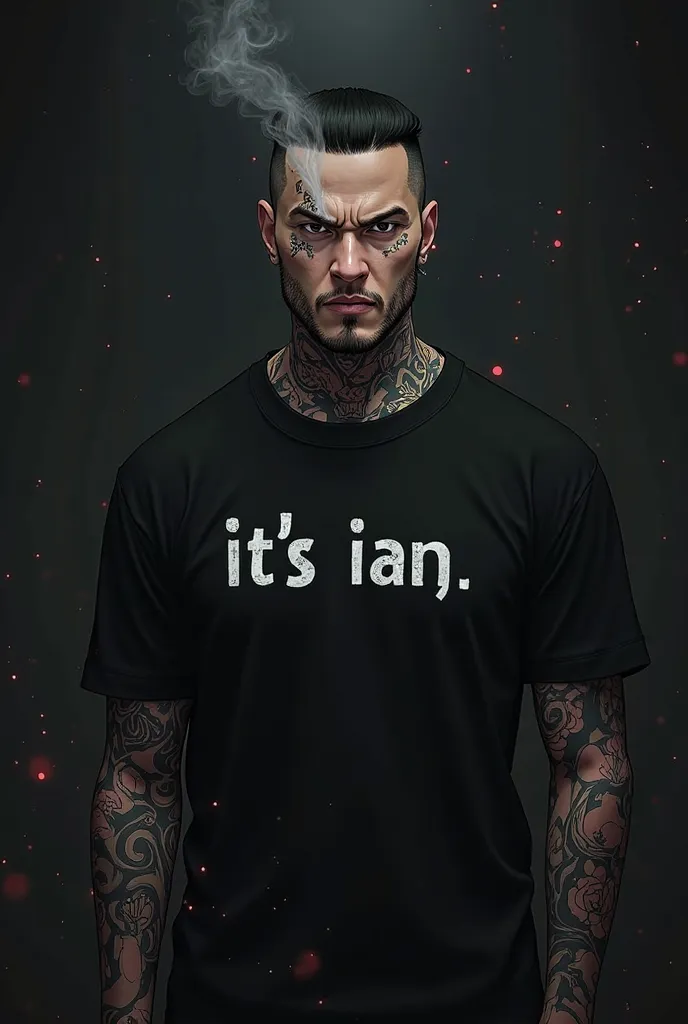 Dark anime character tattooed Chinese man with the letters "It's ian" on the t-shirt with a dark background smoking