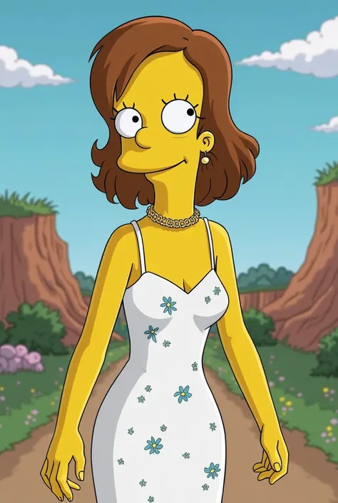 18-year-old Simpson girl who has brown hair, a little below her shoulders and a smooth, has brown eyes and wears a long white dress with a print of small blue flowers and that is tight and with straps, wears gold rings and a gold necklace, And in the backg...