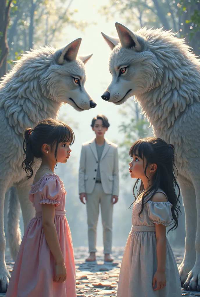 Two girls, a busty Loli, a woman with silver wolf ears and tail, and a human man 