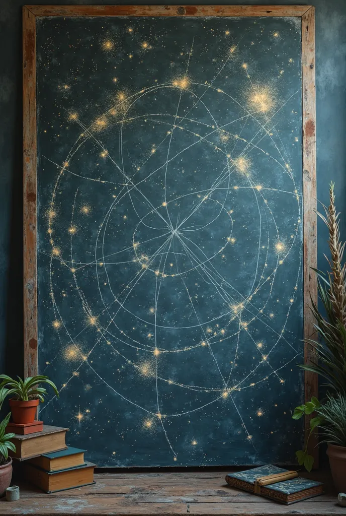 chalkboard, chalk art, intricate hand-drawn chalk constellation map, glowing ethereal cosmic effect, dusty chalk texture, soft ambient lighting, dimensional contrast between 2D chalk lines and 3D projections, shimmering star clusters, depth-defying cosmic ...