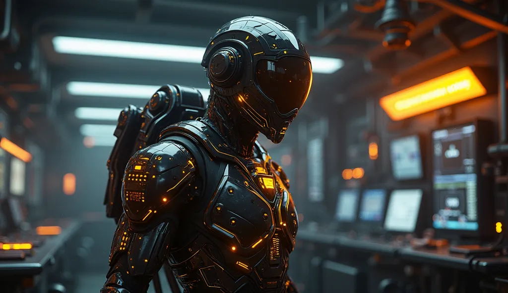 Create a detailed, 8K quality cinematic image rendered in the style of Unreal Engine 5. The image depicts a digital neon form of a holographic man wearing an advanced black and gold space suit with a mask, looking sinister. The background shows a black met...