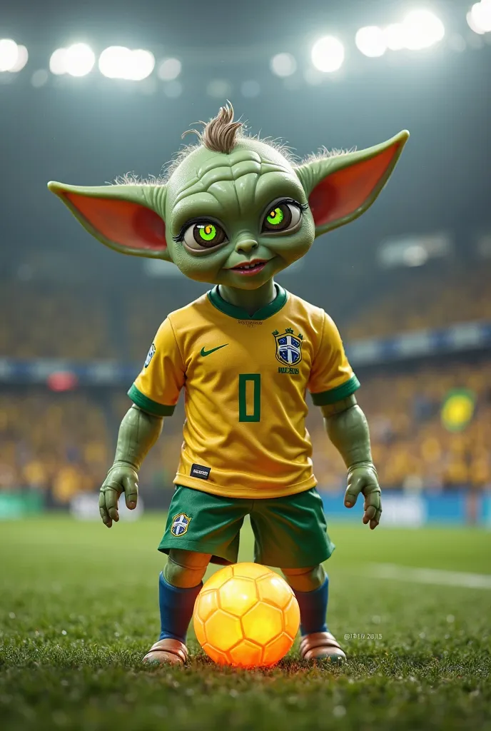 A fusion of Baby Yoda and Neymar Jr., creating a unique and charismatic character that embodies both Jedi wisdom and Brazilian football brilliance. The figure has Baby Yoda’s large, pointy ears and glowing green eyes but with Neymar’s athletic physique, ex...