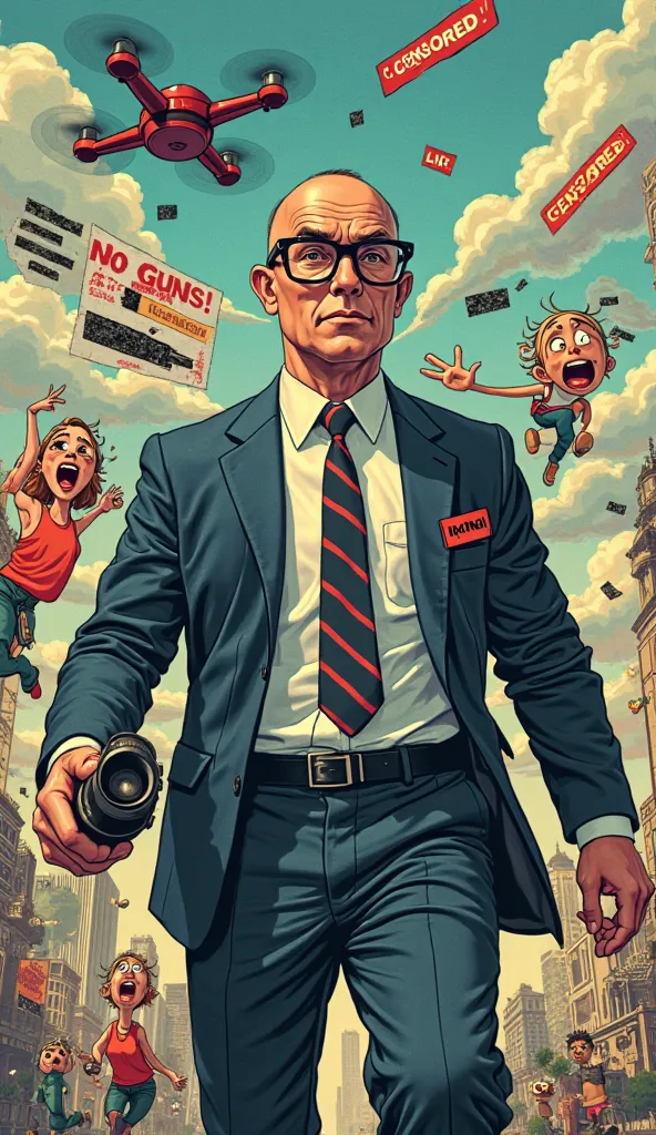 An oversigned, bureaucratically looking man with square glasses, raised eyebrows and an oversized “censorship”” stamp as a weapon. His suit has the big word **"LINKY"** On the chest. There is a floating above his head Drone with a flashing “CENSORED!“-Schi...