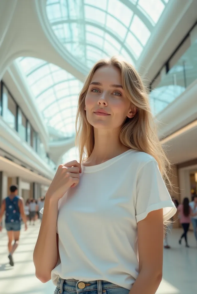 Create a model that wears an all-white t-shirt,  she is a woman , She's at the mall