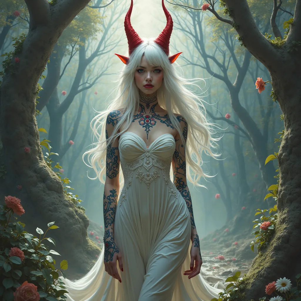 woman beautiful, white hair, red horns, tattoos, alice in wonderland, killer