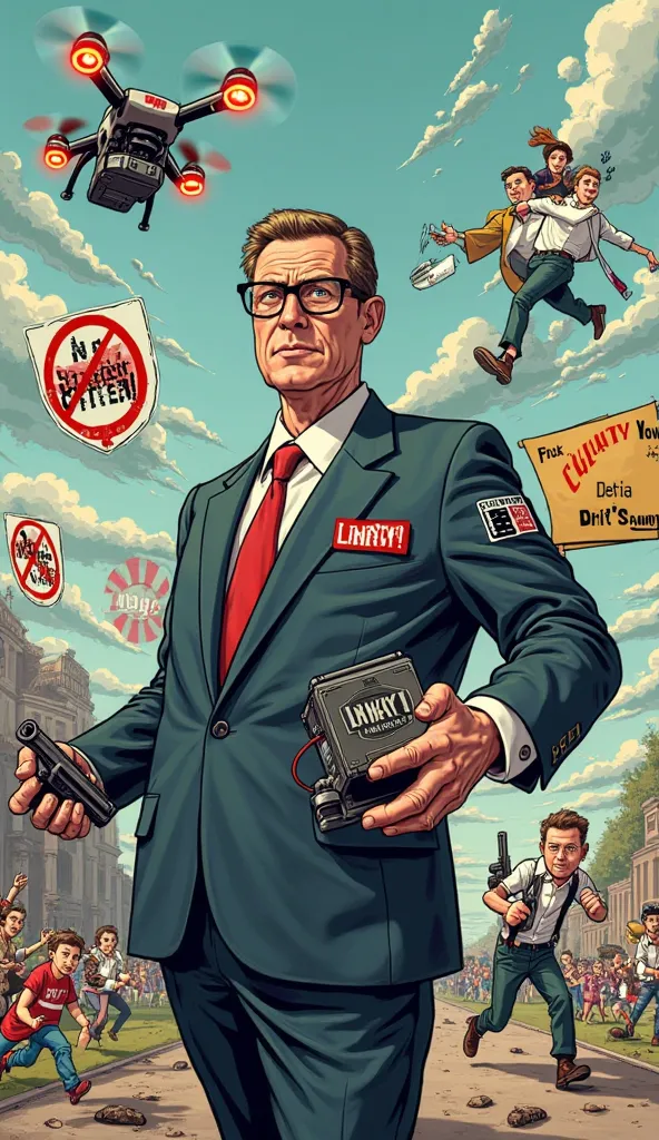 An oversigned, bureaucratically looking man with square glasses, raised eyebrows and an oversized “censorship”” stamp as a weapon. His suit has the big word **"LINKY"** On the chest. There is a floating above his head Drone with a flashing “CENSORED!“-Schi...