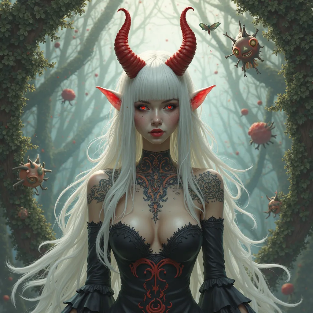 woman beautiful, white hair, red horns, tattoos, alice in wonderland, killer