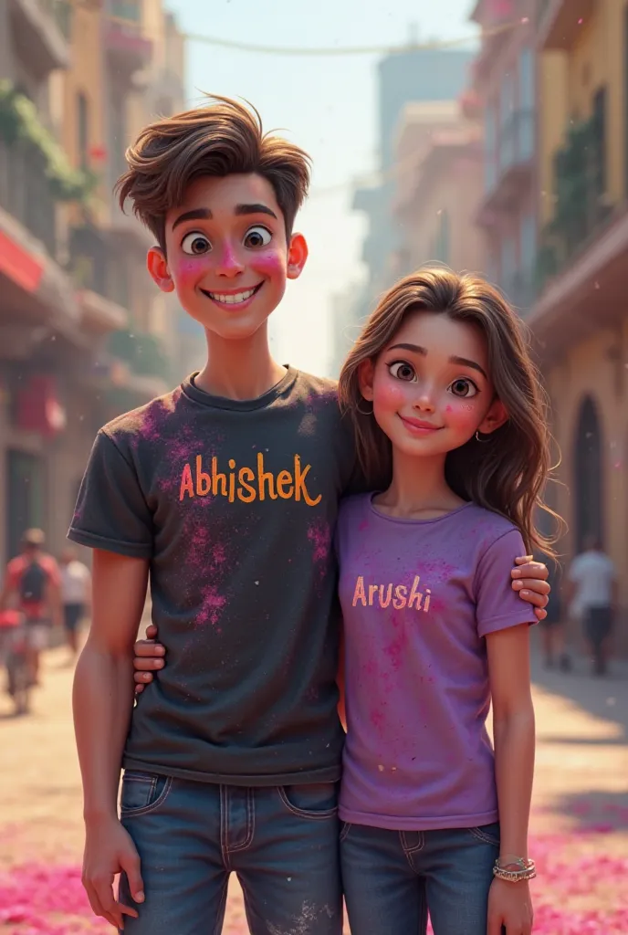 A 3d realistic handsome young man and beautiful girl are enjoying holi in the middle of the city. The boy is wearing a black color t-shirt on which the name "Abhishek" is written. The girl is wearing a purple color t-shirt on which the name "Arushi" is wri...