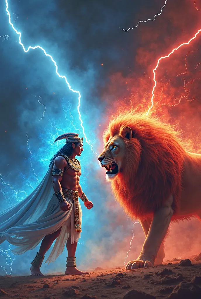 "Create an ultra-realistic, cinematic illustration of a powerful Egyptian warrior facing off against a majestic lion. Both figures are in an aggressive battle stance, their eyes locked in a fierce, determined gaze. The warrior, adorned in intricate ancient...