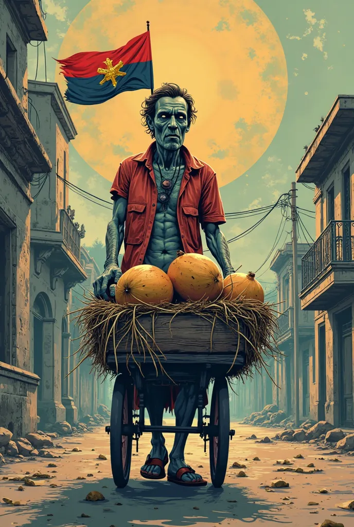 Vector illustration for a t-shirt about Cartagena de Indias, with a post-apocalyptic alien theme, That he has a coconut seller with his cart and the flag of Cartagena de Indias