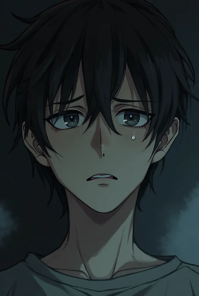 man, sad,  tear dripping , looking at the viewer,  dark, phrase, anime, 