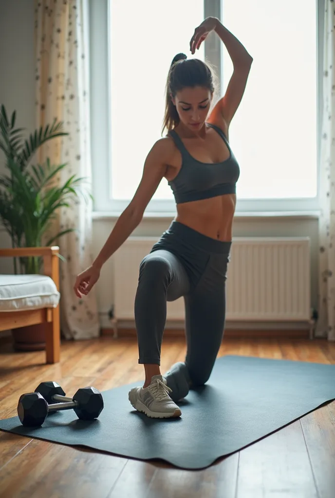 "A person exercising at home, wearing comfortable sportswear. in the Environment, there is a yoga mat lying on the floor and a pair of weights on the side.  The space is well lit , with natural light entering through a large window, creating a motivating a...