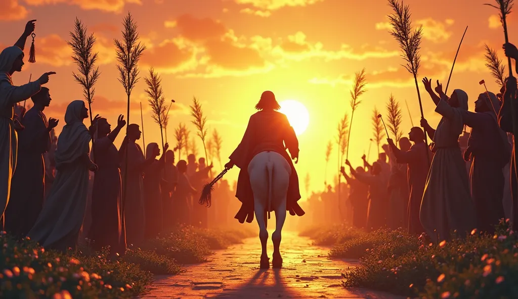 Vibrant and stimulating silhouette of Yeshua and his majestic arrival entering Jerusalem on a donkey that comes out behind his back, The scene takes place on the Mount of Olives, that leads to the city of Zion. The crowds wave palm branches and sing with f...