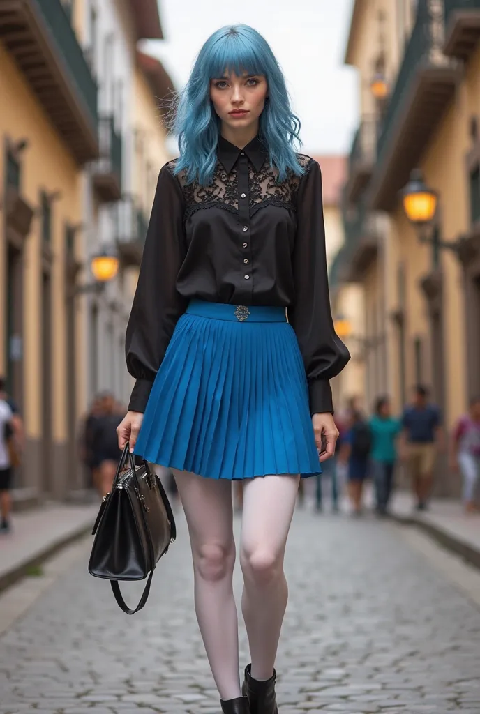 "Cieelo Varzdak , 19 year old Russian woman, soft white skin, blue hair (#3eb0e8 ) long and smooth just below the shoulders, bright blue eyes, well-proportioned and attractive body. Clothing: fitted black blouse with lace details, electric blue pleated sho...