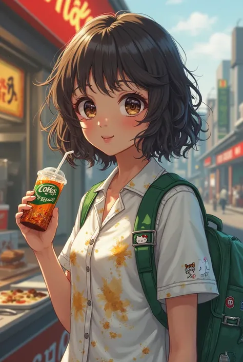 asian girl, Looking towards the camera, you have brown skin, Asian Eyes, curls in the hair,Mexican party backpack that says "Green party" with an image of a bird and with a Hello Kitty keychain, Wearing Japanese uniforms with food stains all over the shirt...