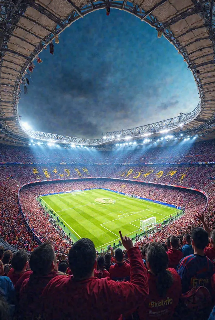 Generate an image of a football stadium in Barcelona with 90000 fans cheering inside