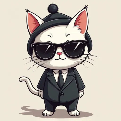 white cat wearing black suit, face wearing black sun glasses, head wearing sleeping hat, cartoon