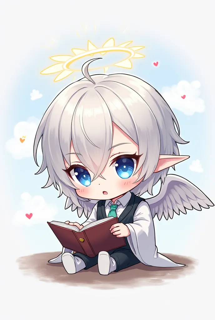 Create an image of a male character who has an angelic vibe. He has pure white hair, and blue eyes. He has very pale skin and an interesting style choice. He has small wings behind his ears that shield his face and angel wings on his back. He normally is f...