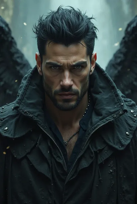 Male Fallen Angel, black hair, dark eyes.  short beard 