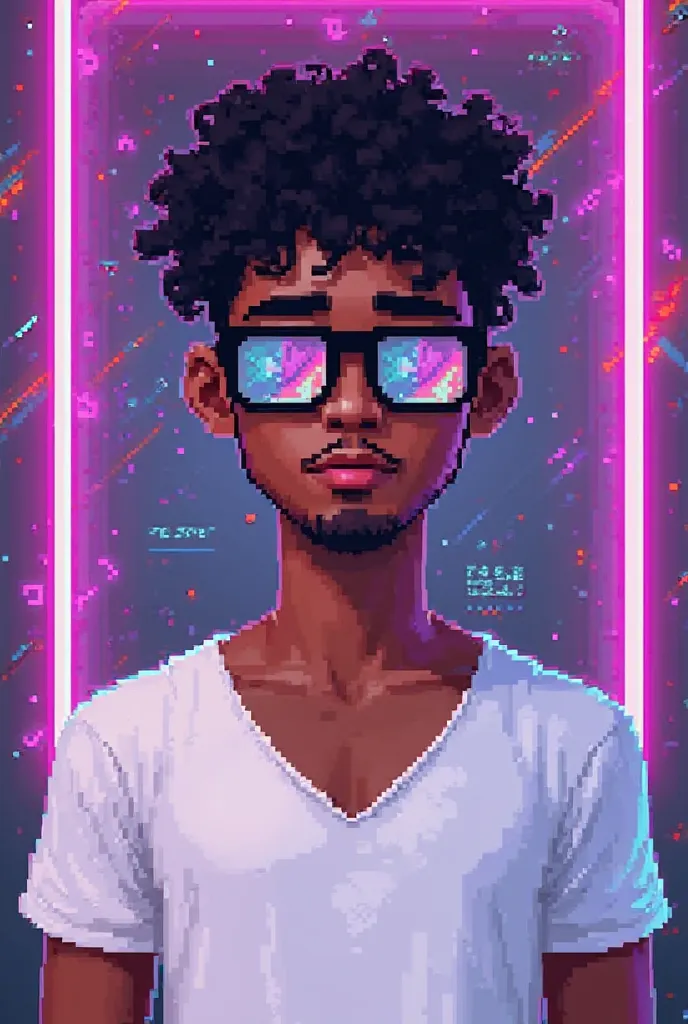 Pixel art style: Create a simple pixel art style image with a vibrant neon color palette, including shades of purple, pink, blue, and neon green, while maintaining the natural colors of the subject's skin, hair, and eyes. The scene should depict a young ma...