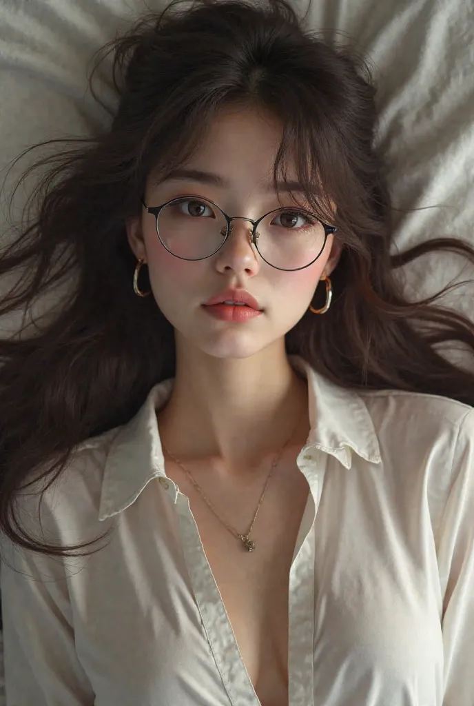 (best quality:1.4), (extreme res:1.4), (medium shot:1.4), (solo:1.25), stunning brunette lying on the bed, (schoolgirl:1.15), wearing (glasses), (white school shirt:1.25), photorealistic, HQ, 