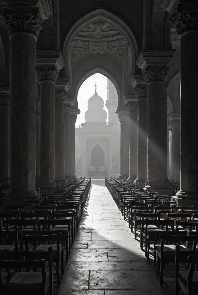 Silhouette of seats in the shade of the mosque 