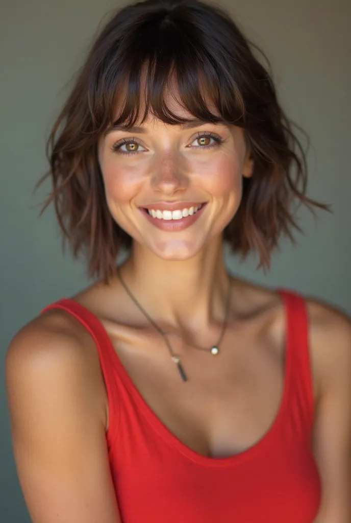 White woman,  25 years old, short hair with bangs, striking smile, height of 1,60, light brown eyes , wearing a thin tank top in red taking a selfie