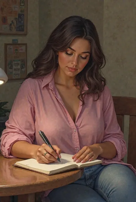 "A woman sitting at the table writing in a notebook,She wears a plus-size blouse in the color pink, jeans