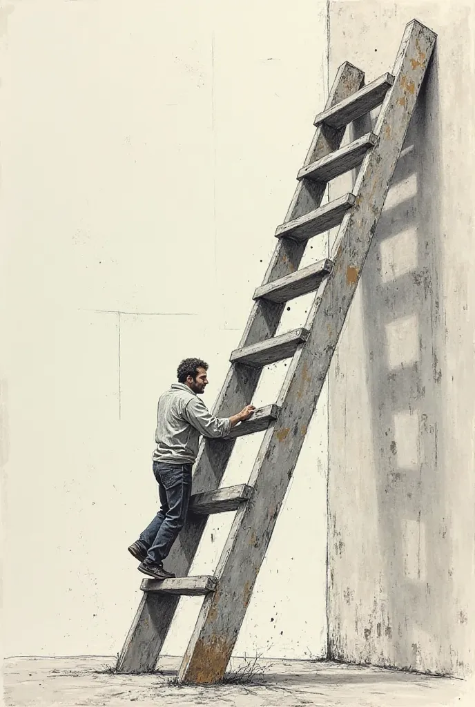 Sketch of a person climbing a step of a ladder. The person must be hanging, holding up only with the strength of his arm. The step is giant, making the person look tiny. Forgive him.