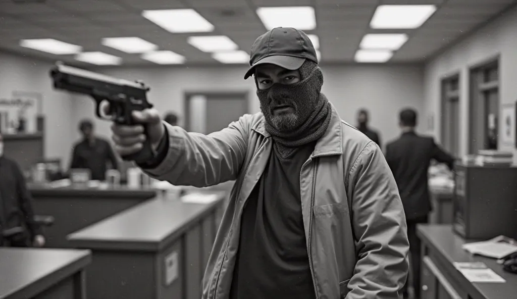 A masked bank robber in action inside a small bank. The man wears a baseball cap, fake beard, and a light-colored jacket. He holds a handgun, pointing it aggressively at the bank staff. His other hand carries a black duffle bag. The scene is tense, with a ...