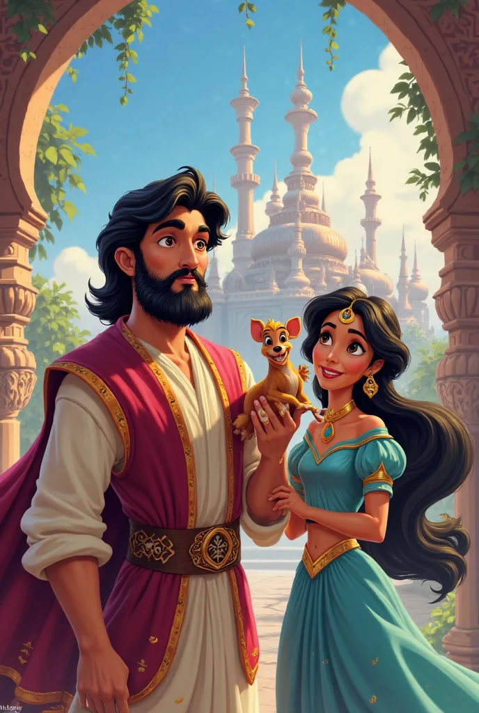 Une image où l'on trouve Aladdin, Jasmine et Abu, Aladdin avec une barbe: Jasmin in a dress and both yours a boy in your hand 