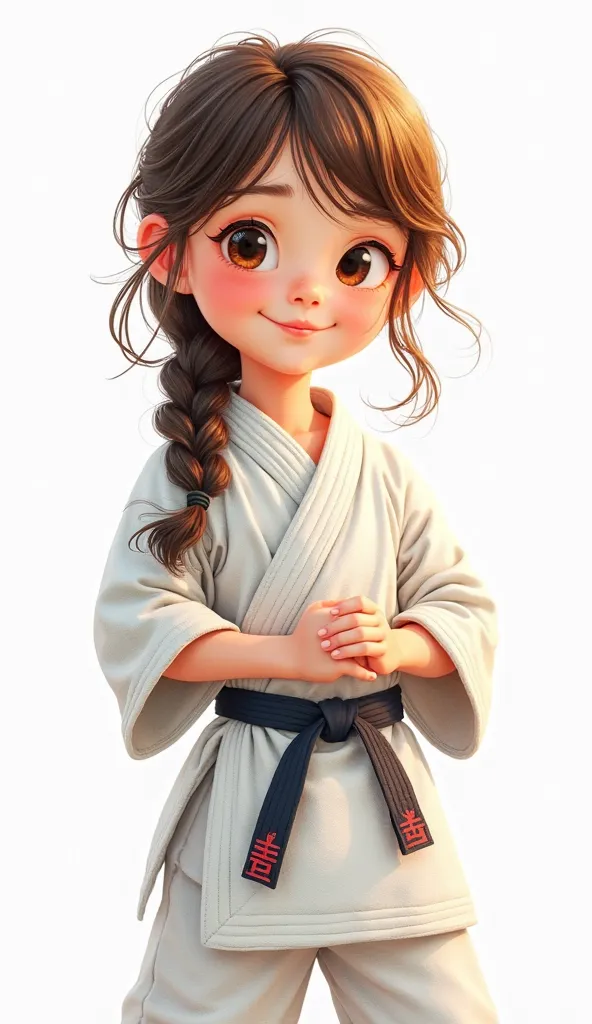  with brown hair and brown eyes braid, mignonne traits fin, Who's dressed up in judo gear, white background,  Pixar watercolor style.  