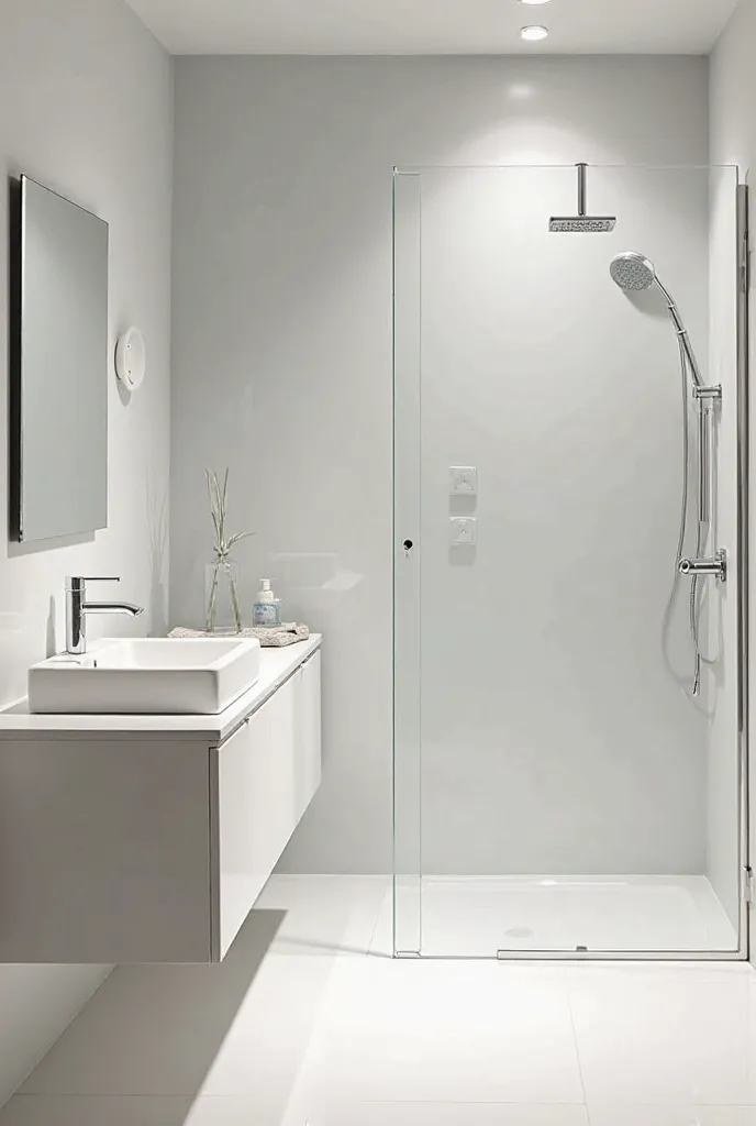 Bathroom design monochrome colored. Left side of wall soank and right side of wall Shower cabin 