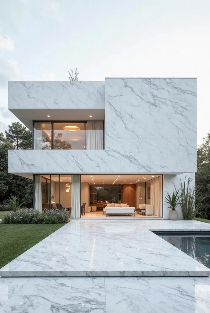  Minimalist house façade with white marble finishes