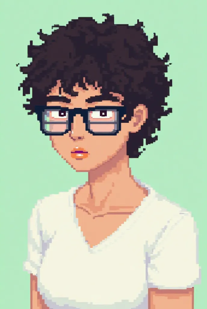 Create a low-resolution pixel art image of a person with short, dark, curly hair that is voluminous and slightly messy. They should wear large, rectangular glasses with a dark frame and light reflections, and have a medium skin tone. The facial expression ...