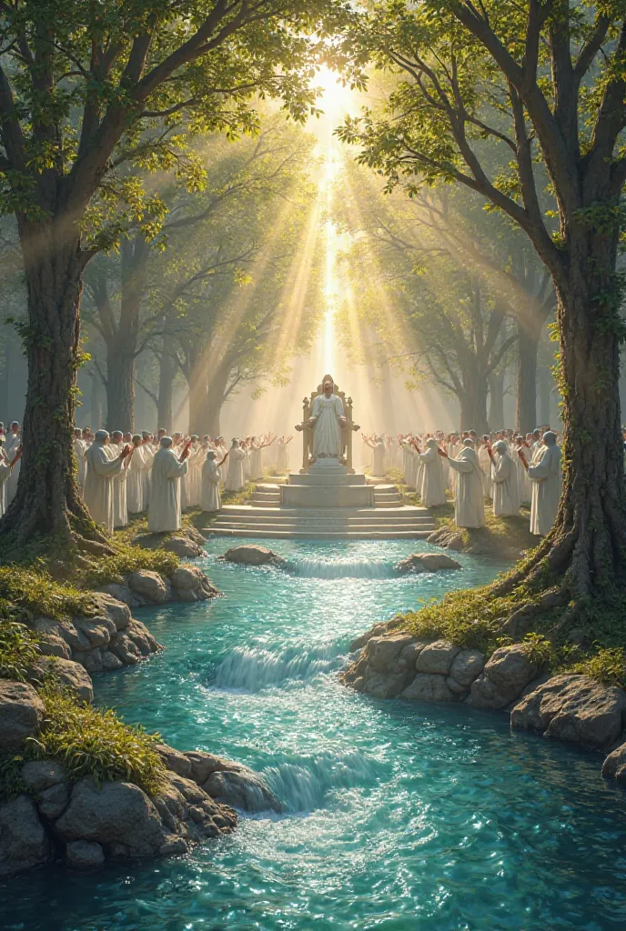 
A realistic image based on Revelation 22:2-3. The scene shows the river of water of life,  crystal clear , flowing from the throne of God and the Lamb, crossing the city center. On the banks of the river , the Tree of Life grows luxuriantly, giving twelve...