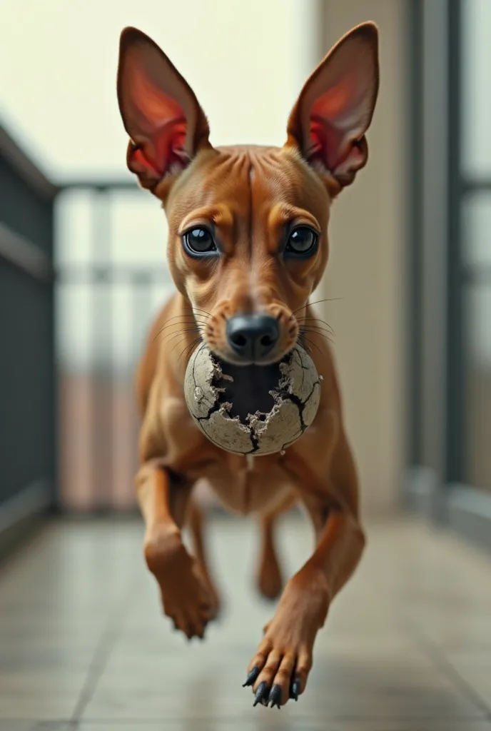 Create an image of a light brown, unblemished mini pincher dog with a schizophrenic face with a broken ball in its mouth jumping from a balcony behind the ball
