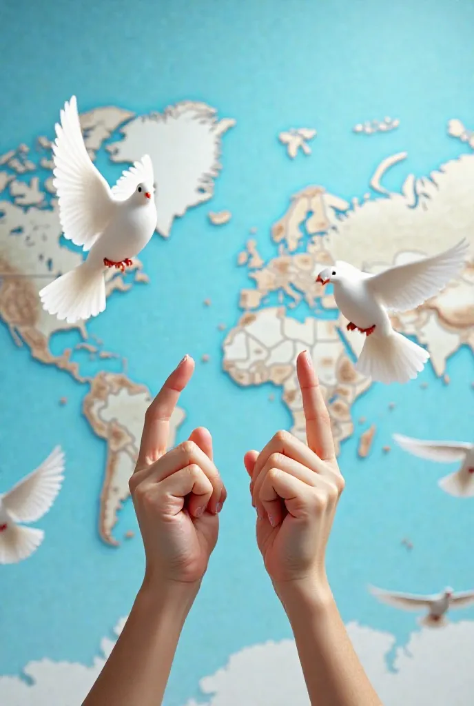 Create a realistic picture of both hands pointing upwards and showing a world map. In front of it, white doves fly 