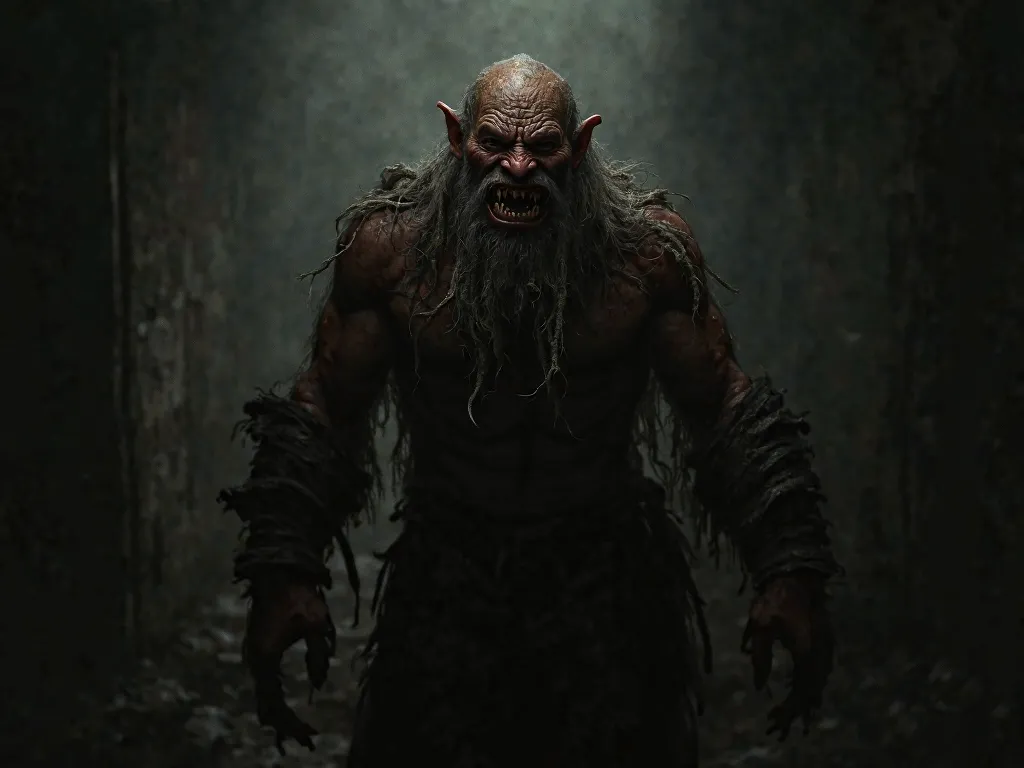 A 50 year old medieval prison guard, completely covered in filth, he smiles with very few blackened teeth, and his face is hideous. Heroic fantasy style.