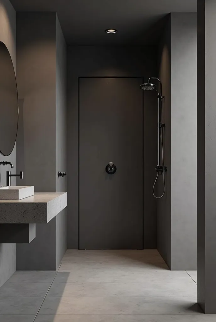 Bathroom design monochrome colored. One wall Left side door and sink and right side Shower cabin