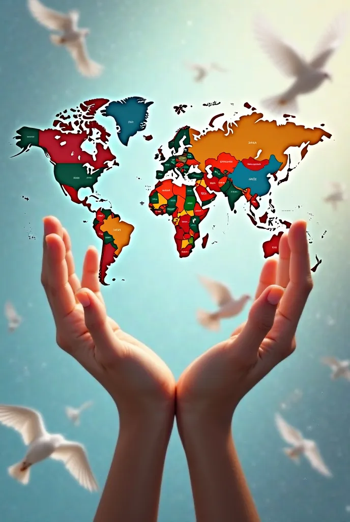 Create a realistic picture of both hands pointing upwards and showing a colored world map, with the names of all countries. In front of it, white doves fly 