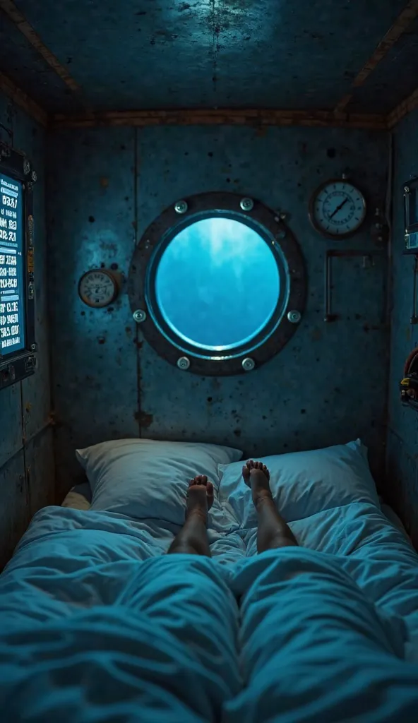 First-person perspective of you waking up in bed inside a dimly lit, confined space. The walls are metallic, covered with bolts and pressure gauges. A small, round porthole shows deep ocean darkness with faint blue light. The LED screen on the wall display...