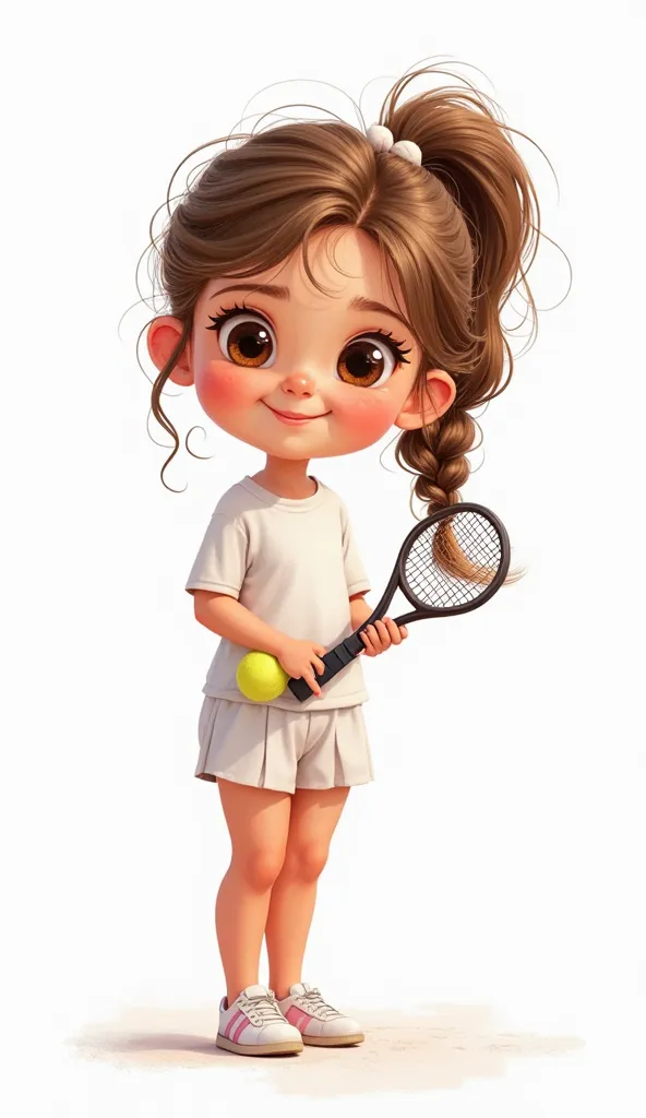 Baby girl, Standing in full brown hair with a brown eye braid, mignonne traits fin, qui est habillé en habits pour faire du  tennis avec une raquette dans la main , white background, Pixar style watercolor High Resolution, light smile, 