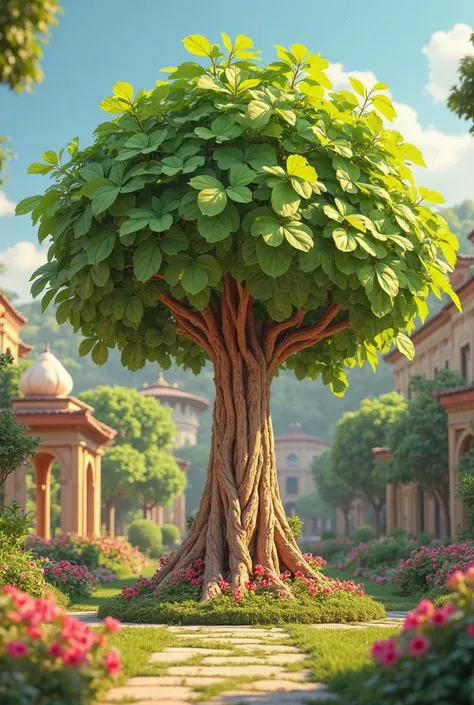 3d pixar style big date tree in a garden strong date tree, its leaves swaying in the breeze