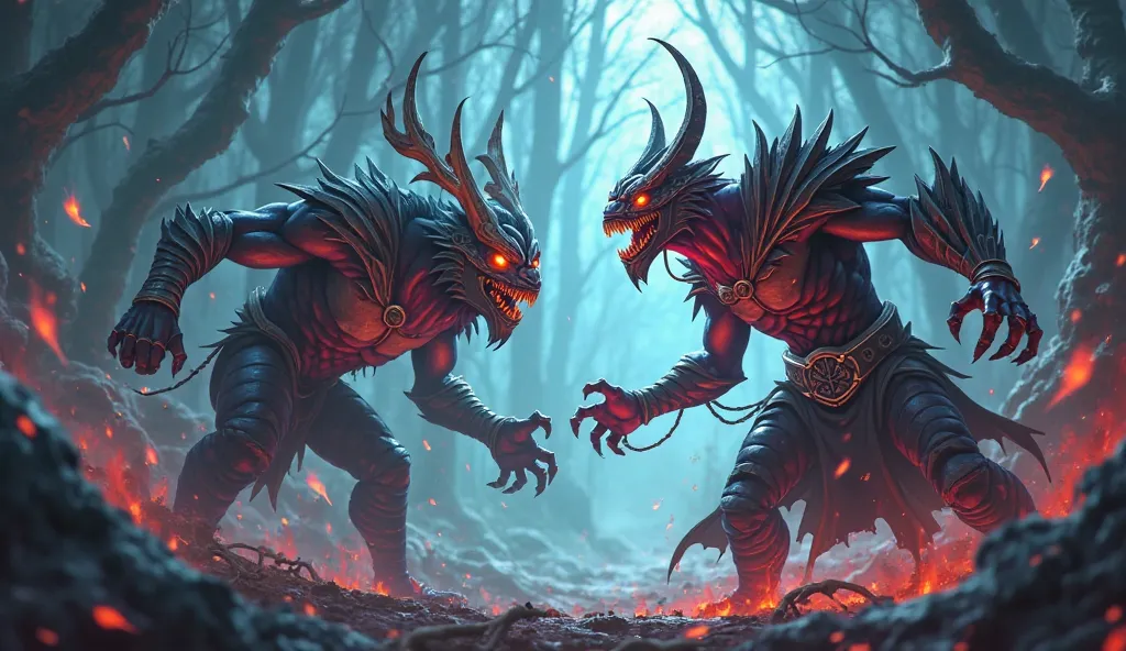 a bloody war clash of two madness slark from warcraft frozen throne and balmond from mobile legend, a forest full of chaos and evngence, with roshan on the left and lord from mobile legends in the right.