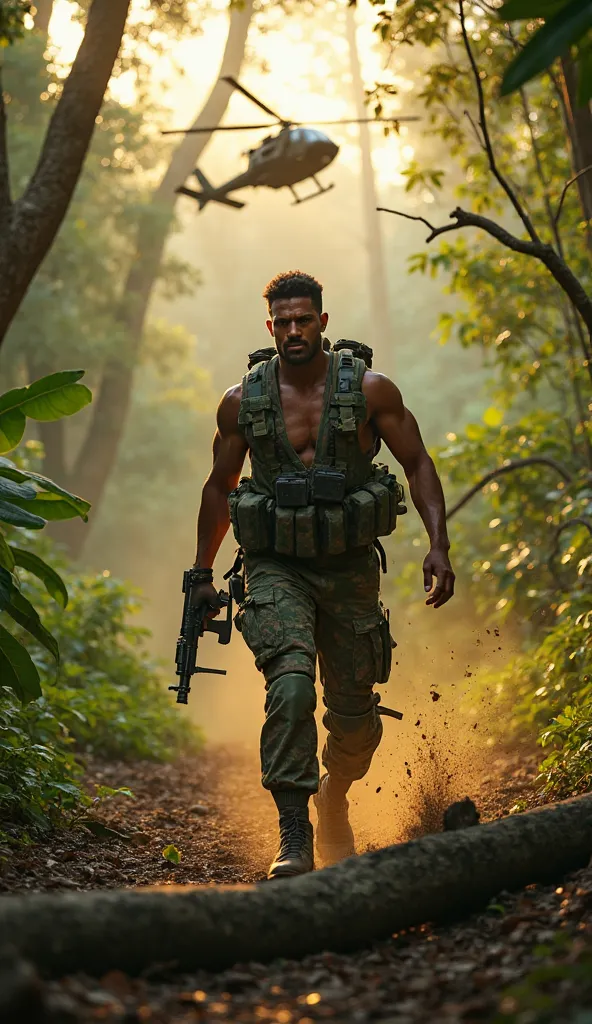 A Brazilian commando emerges from the Amazon rainforest, his muscular frame clad in jungle camo, rifle at the ready. His 46-inch chest and glowing skin pop against emerald foliage. He halts, winks at the camera, and signals his squad forward. Helicopter ro...